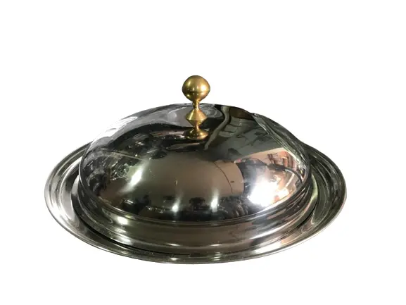 12-Inch Round Stainless Steel Food Dome Cover With Brass-Finished Lid 1