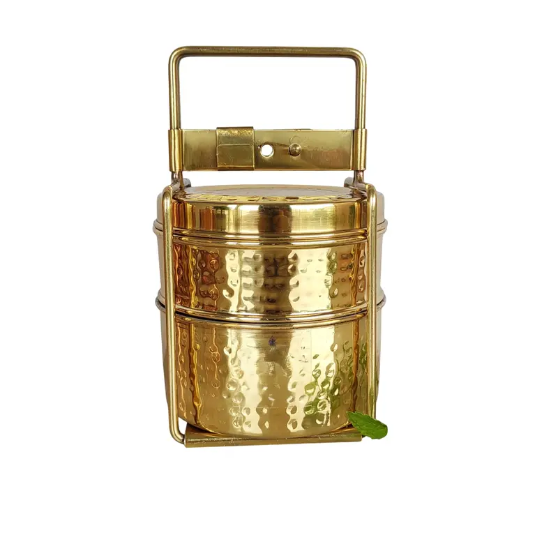 Artisanal Brass 2-Tier Lunch Box – Hammered Texture, Food-Safe Tin Lining 1