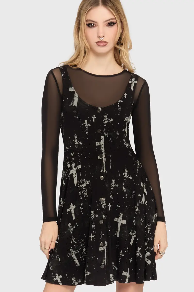 Tenebris Chapel Mini Dress – Sleek Short Cut With Gothic Detailing 1