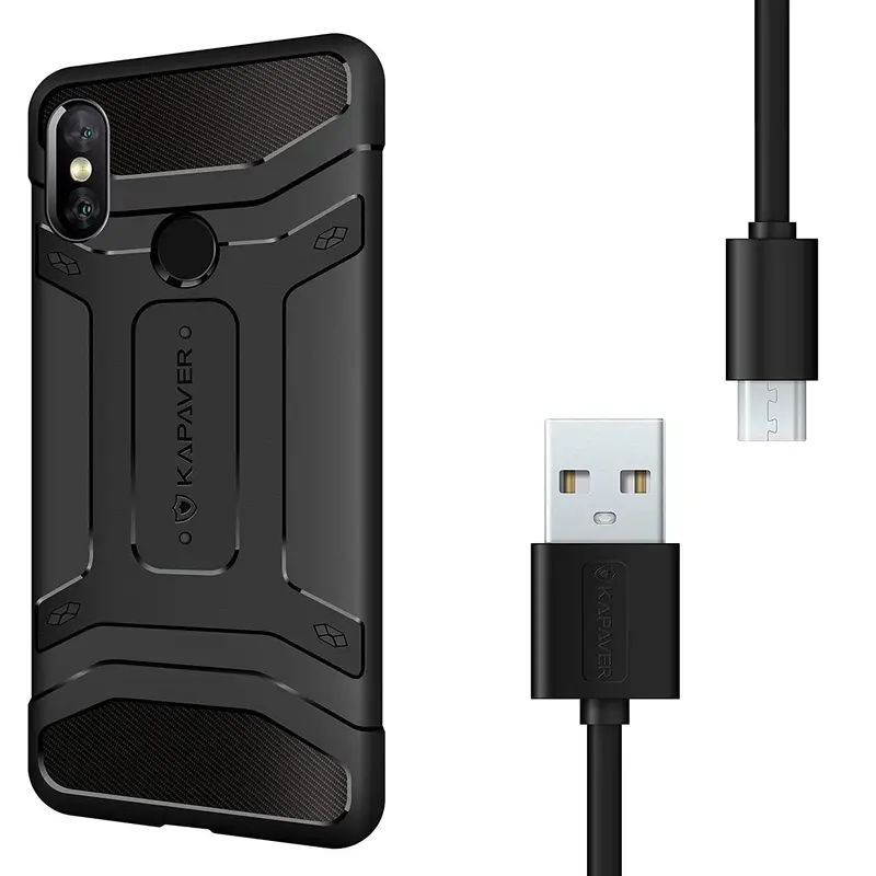 Xiaomi Redmi Note 5 Pro Rugged Back Case – Carbon Black With Black Cable 1