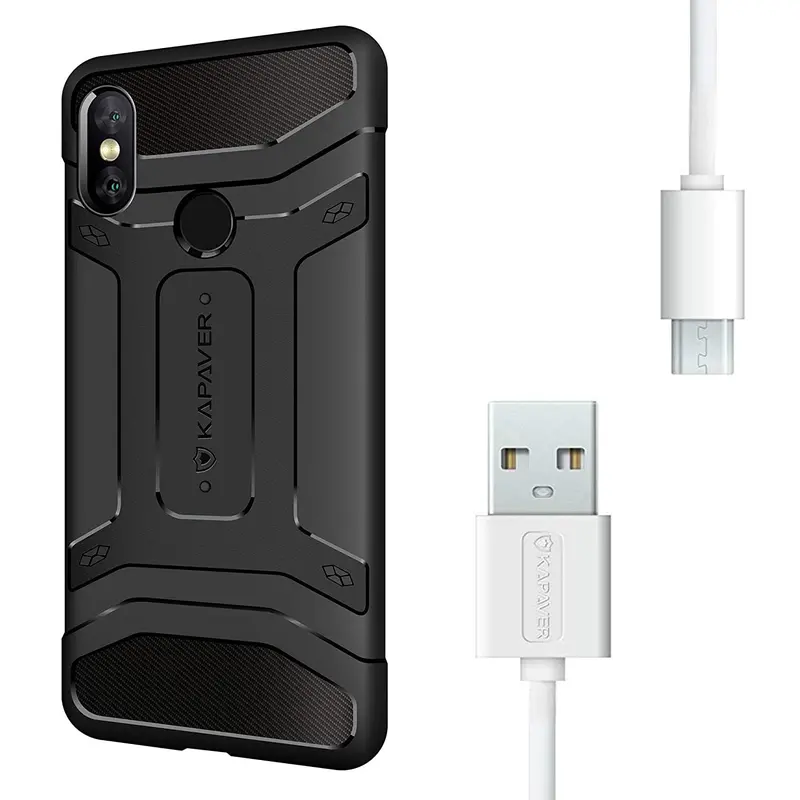 Xiaomi Redmi Note 5 Pro Rugged Back Cover – Carbon Black With White Cable 1